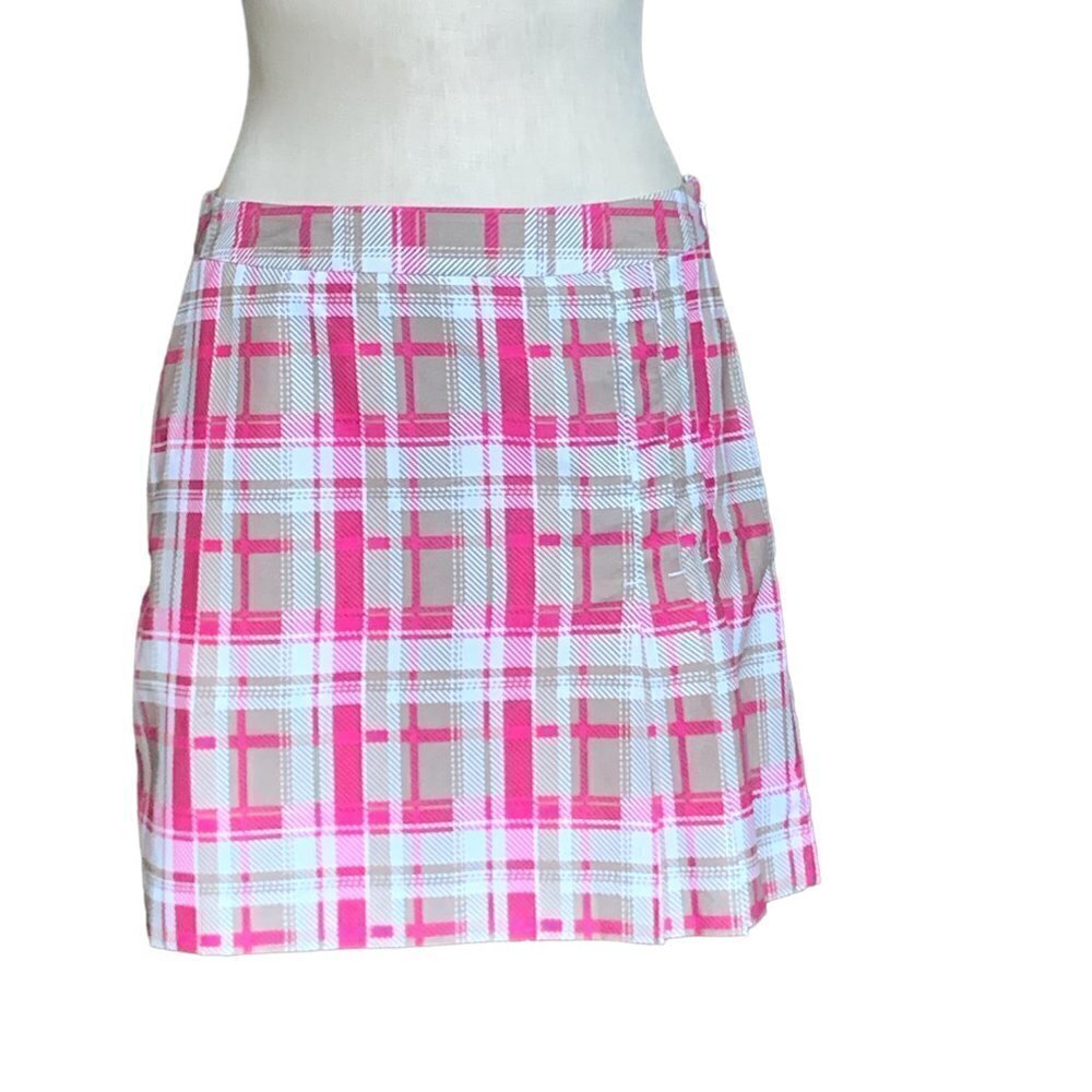 IZOD Plaid Golf Skort Sz 4 Pink Beige/Tan White #106G